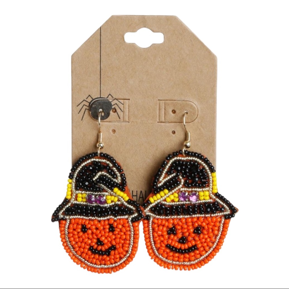 Happy Halloween Beaded Pumpkin Witch Hat Festive Halloween Dangle Earrings NWT